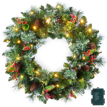 Pre-Lit Artificial Christmas Wreath for Front Door, Green, 50 LED Lights, Decorated with Pine Cones, Red Berry Clusters, Frosted Branches, Hari Leaves, Christmas Collection, 24 Inches