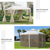 Outsunny 10' x 10' Patio Gazebo with Corner Frame Shelves, Double Roof Outdoor Gazebo Canopy Shelter with Netting for Patio, Wedding, Catering & Events, Cream White Outsunny