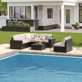 JOYURE 8 Pieces Patio Furniture Set All-Weather Outdoor Wicker Sectional Conversation Sofa Rattan Patio Seating Sofa with Cushion and Glass Table for Porch Poolside,Navy JOYURE