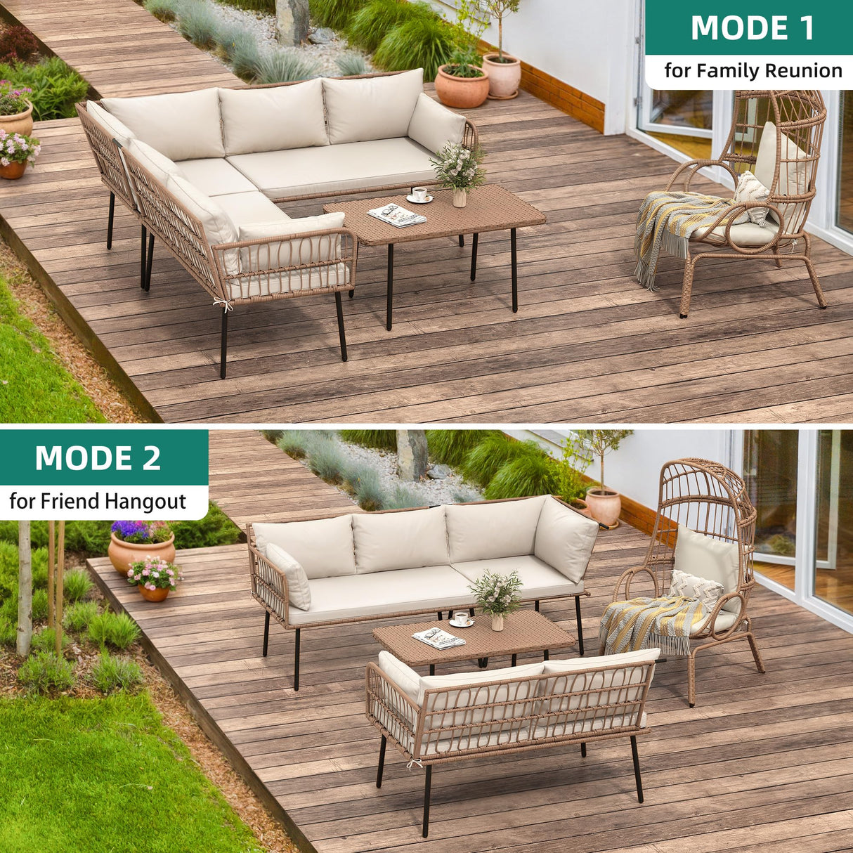 YITAHOME 4 Pieces Patio Furniture Set with 5 Seater Outdoor Sectional with Thickness Cushions and Side Table Boho Patio Conversation Set Outdoor Furniture Set for Backyard Porch Balcony YITAHOME