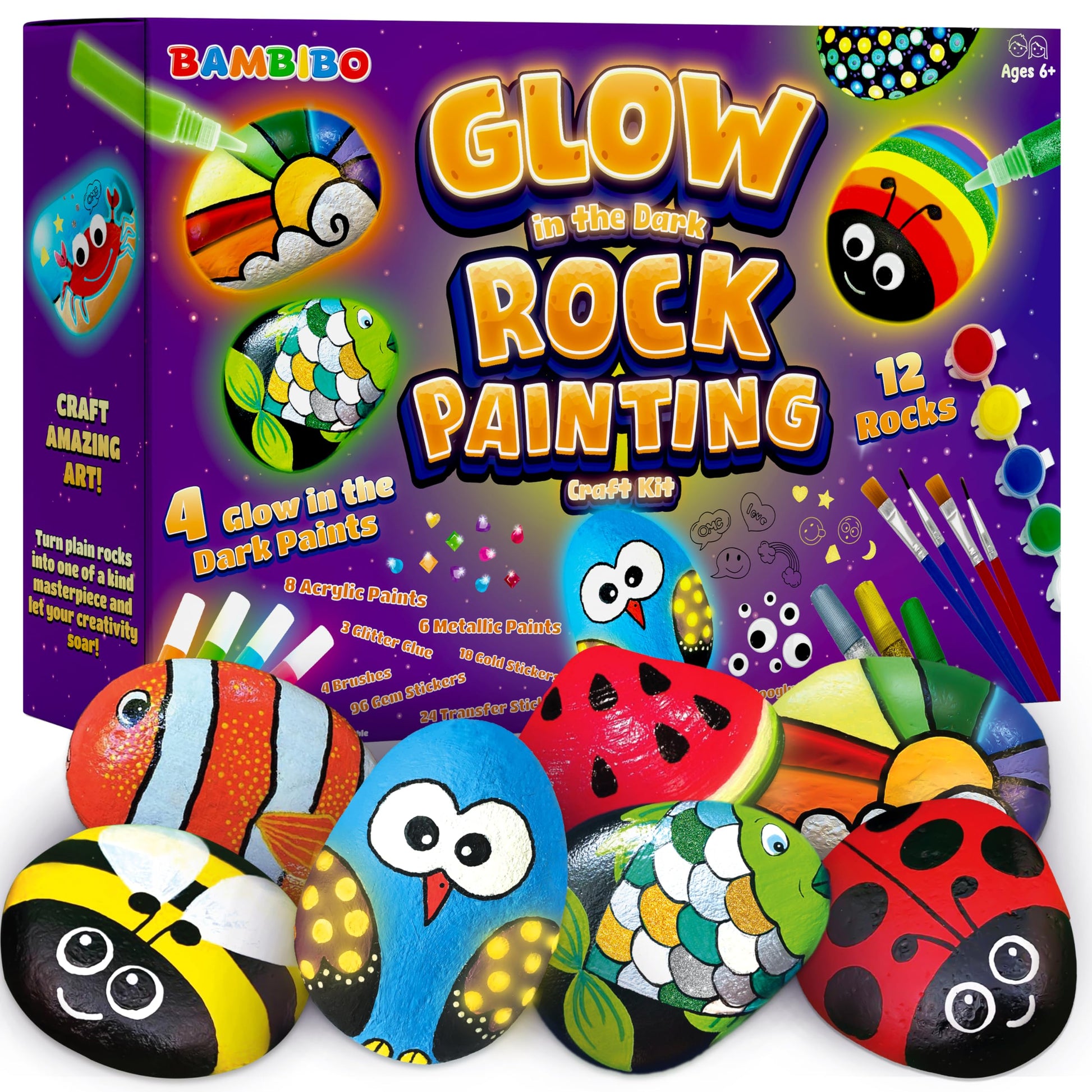 Bambibo Glow in The Dark Rock Painting Kit - MEGA Pack, 62 PCS | DIY Arts and Crafts for Kids | Kids Rock Painting Supplies with 18 Paints | Kids Craft Paint Kits | Rock Painting Kit for Kids - WoodArtSupply