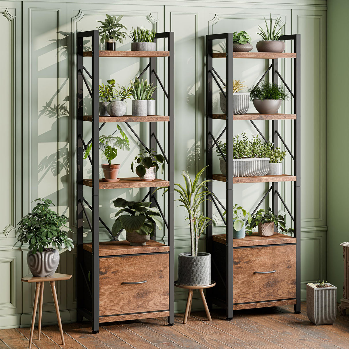 Shintenchi Bookshelf, 5 Tier Bookcase with Drawer, Modern Tall Bookshelves Storage Organizer, Industrial Book Shelves for Bedroom, Living Room, Office, Rustic Brown Shintenchi