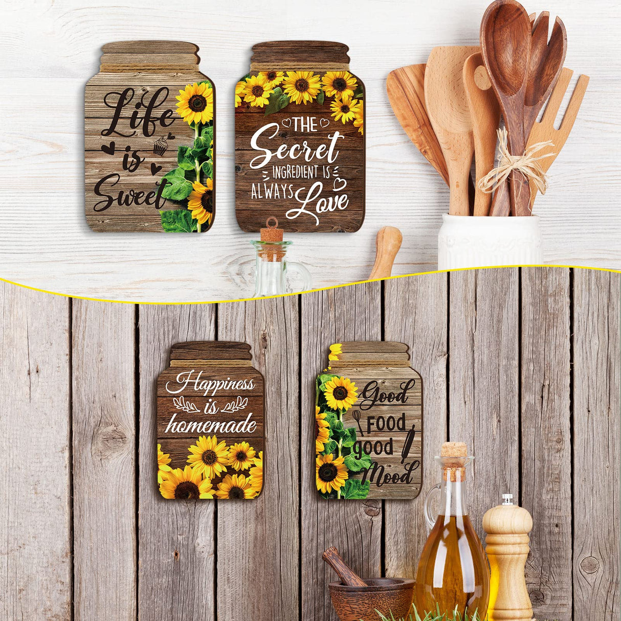 4 Pcs Kitchen Wall Decor Mason Jar Set Wooden Rustic Home Decor Inspirational Kitchen Hanging Farmhouse Wall Signs for Home decoration(Sunflower) Qunclay
