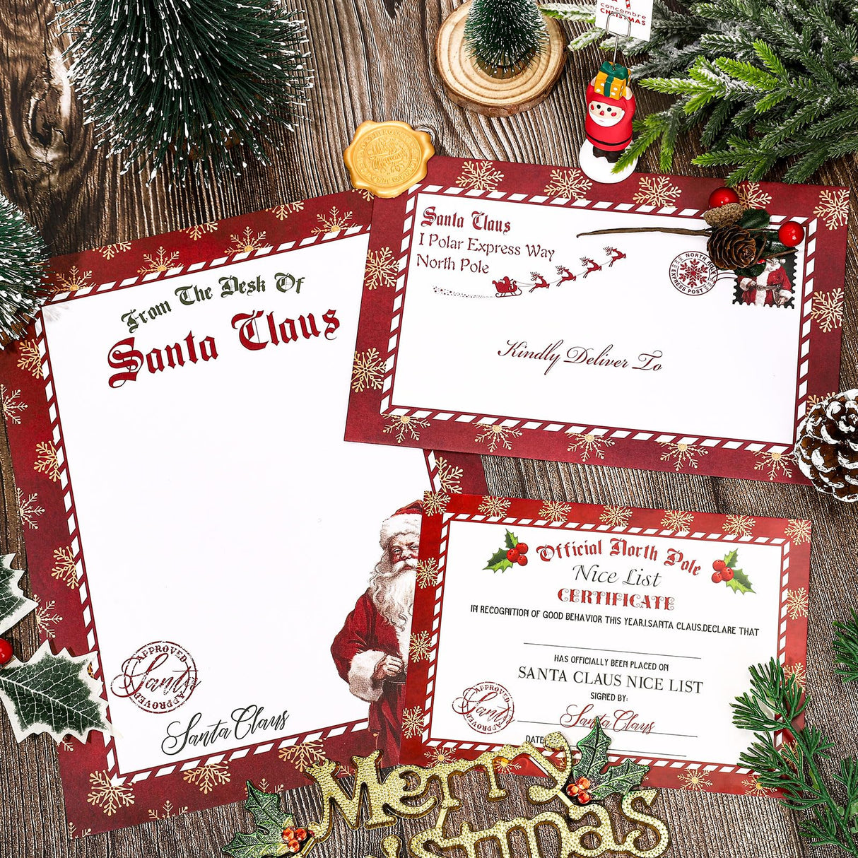 JarThenaAMCS 25Pcs Christmas Official Letters From Santa Set Include 5Pcs Vintage Gold Snowflake Writing Paper 5Pcs Certificates 5Pcs Envelopes 10 Stickers For Mailbox Family Party Favors JarThenaAMCS