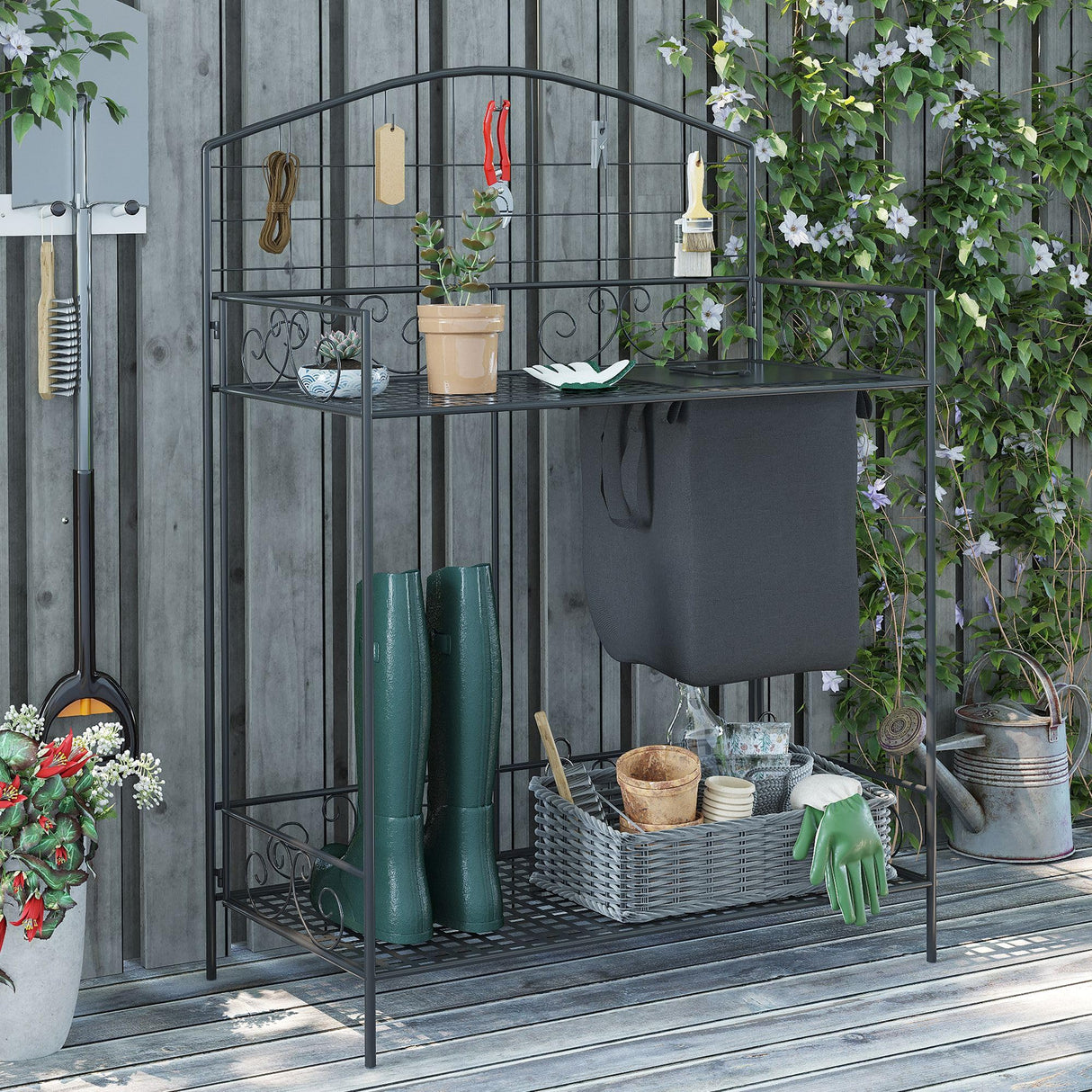 Outsunny Folding Potting Bench Table, Metal Garden Workstation, Work Bench with Large Build-in Bag with Cover, 5 Hanging Hooks & Storage Shelf, Flourishes Outsunny