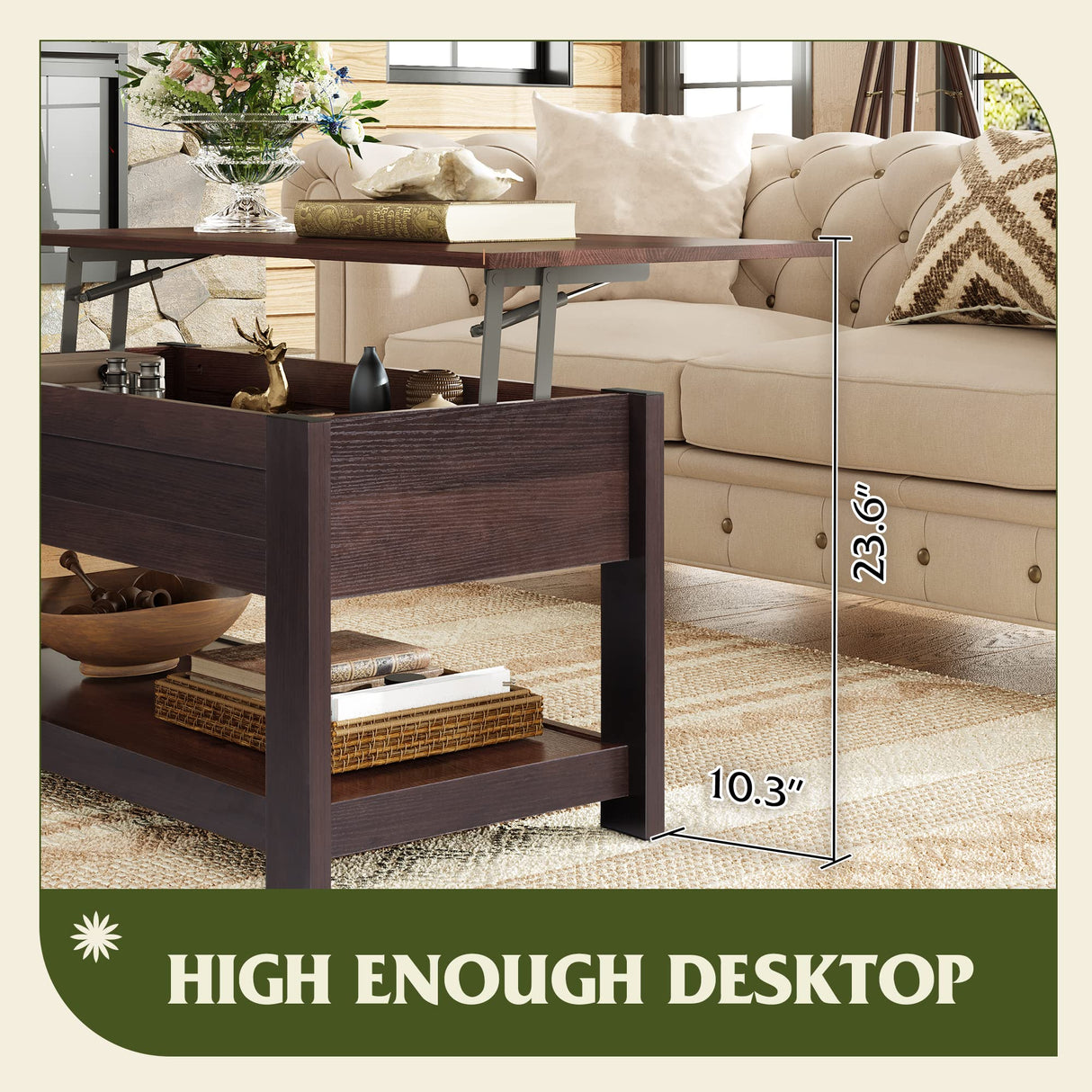 WLIVE Coffee Table, 39" Lift Top Coffee Table with Hidden Compartment, Storage Shelf and Lifting Top for Home Living Room, Office and Bedroom, Red-Brown WLIVE