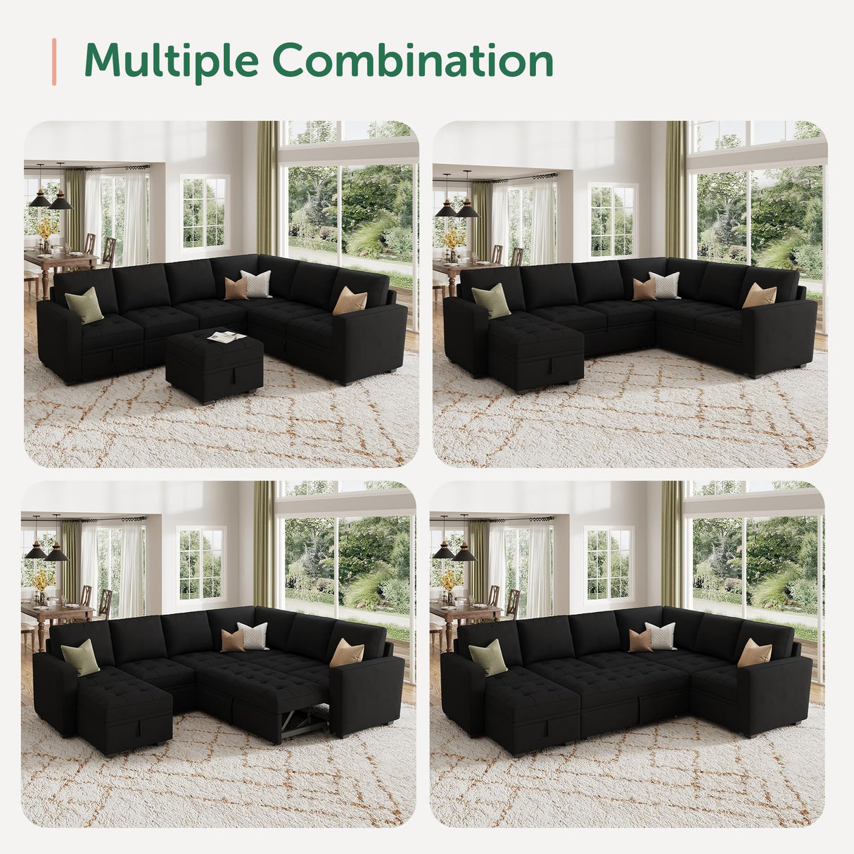 HONBAY Modular Sectional Sleeper Sofa with Pull Out Bed, Velvet Convertible L Shaped Couch with Storage Seat, Sectional Couches for Living Room, Black HONBAY