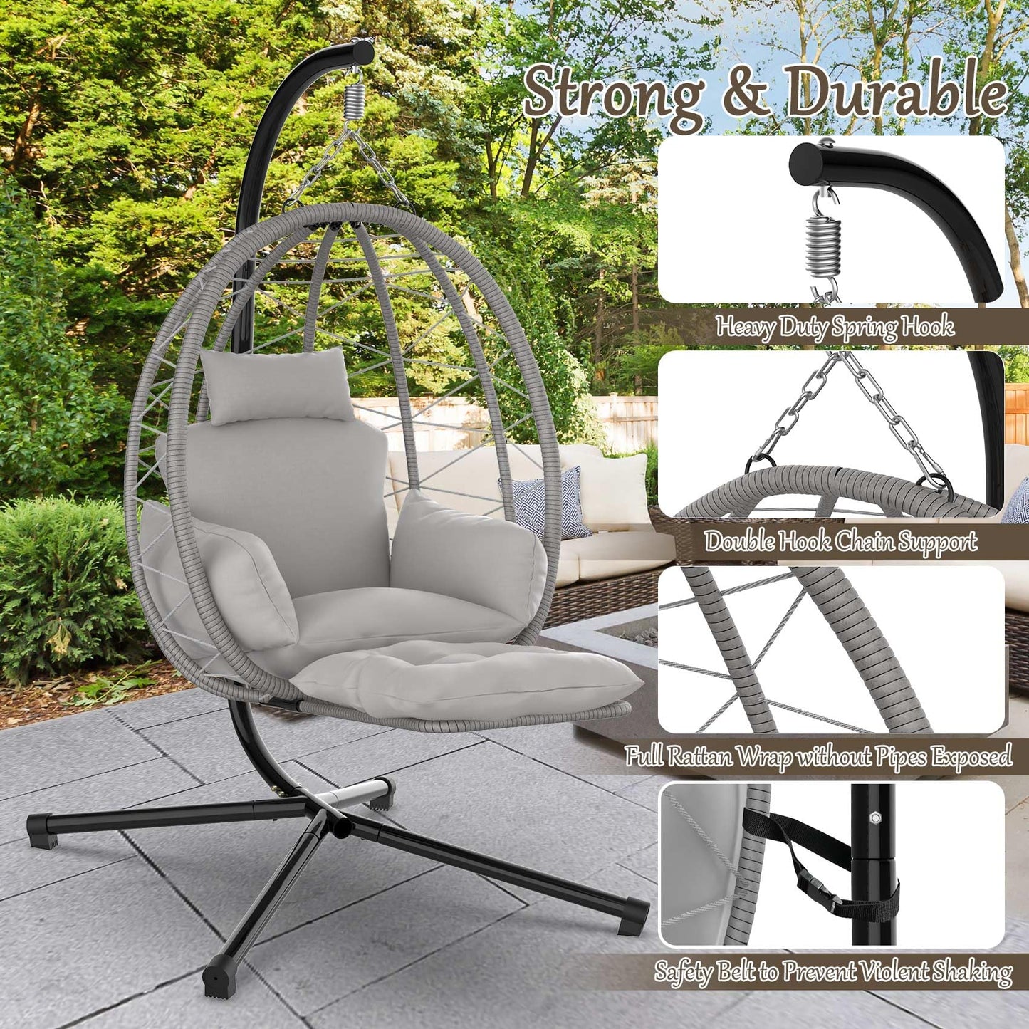 ZENPETIO Hanging Egg Chair with Stand & Leg Rest, Rattan Wicker Swing Chair with UV Resistant Cushion and Pillow, for Indoor Outdoor Bedroom Patio Hanging Basket Chair 370lbs Capacity, Grey