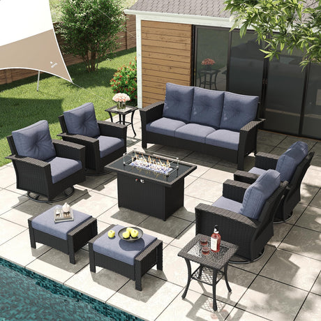 LayinSun 10 Piece Wicker Patio Furniture Set with Fire Pit Table, Classis Outdoor Conversation 360 Degree Swivel Chairs Set with Coffee Table LayinSun