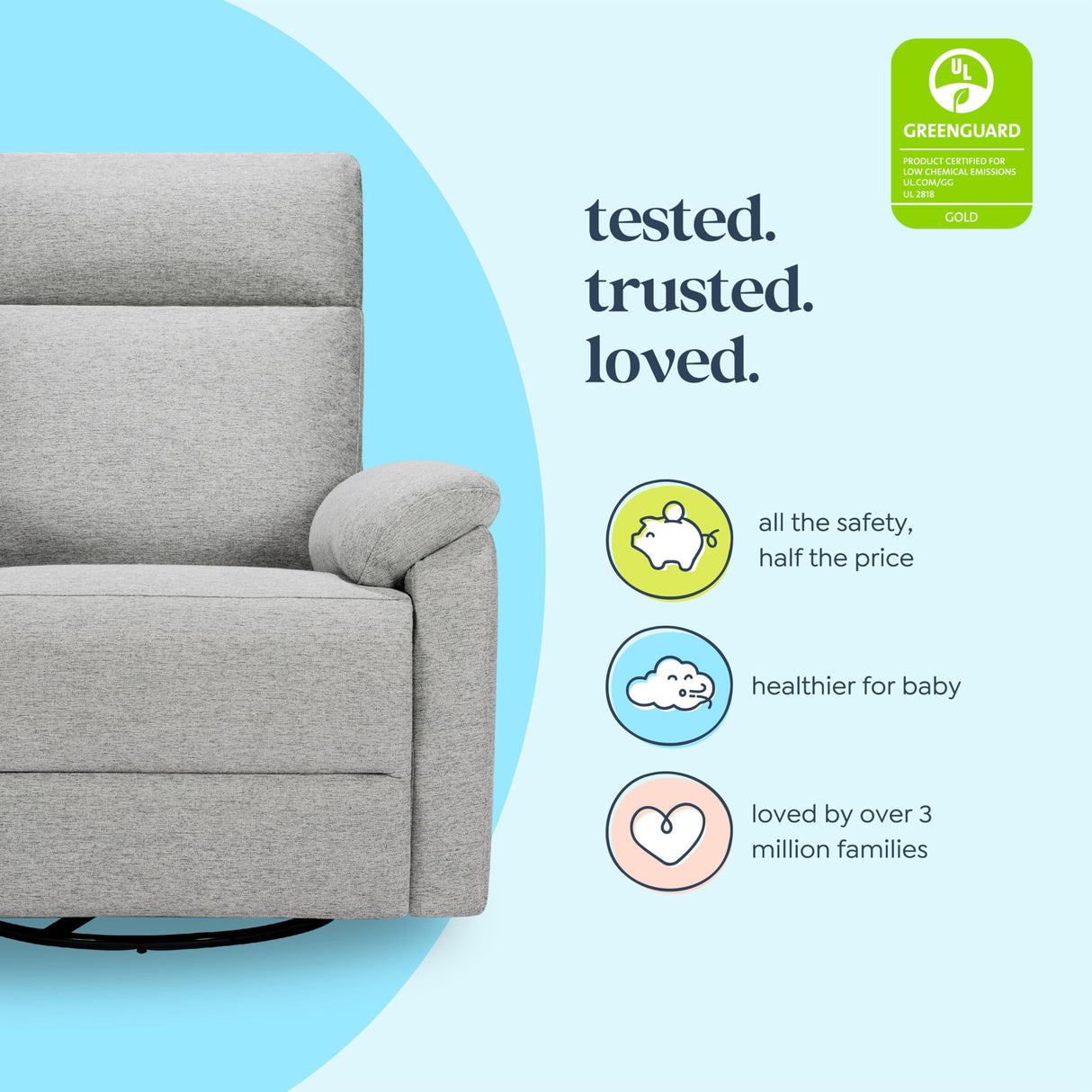 DaVinci Suzy Electronic Swivel Recliner with USB Port in Frost Grey, GREENGUARD Gold & CertiPUR-US® Certified DaVinci