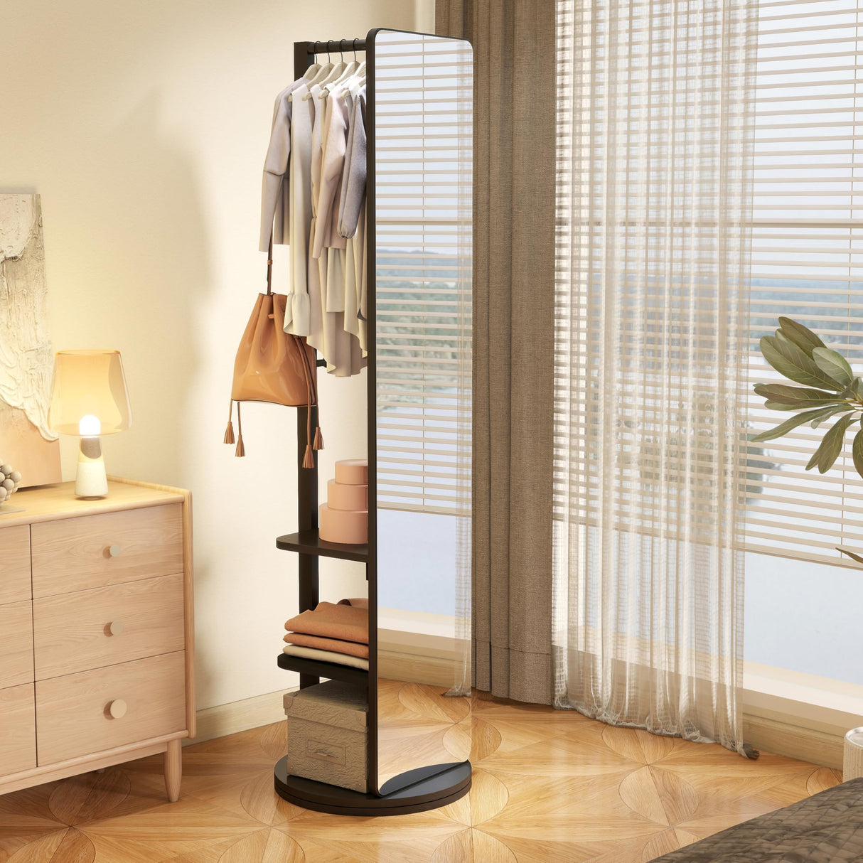 KEIKI Full Length Mirror with Cloak Rack, 68.8"x19.6" Rotatable Full Body Mirror Solid Wood Floor Mirror for Bedroom, Living Room, Dressing Room (Black) KEIKI