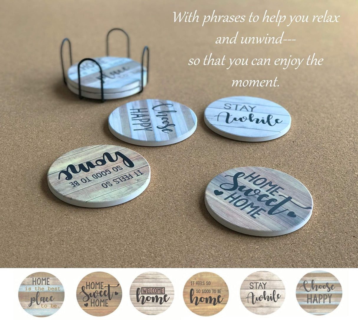 PANCHH Rustic Farmhouse Stone & Cork Coasters for Drinks, Absorbent - Set of 6 Coasters with Holder - Best Housewarming Gifts for New Home Ideas - Cute Kitchen and Coffee Table Décor & Accessories PANCHH COLLECTIONS