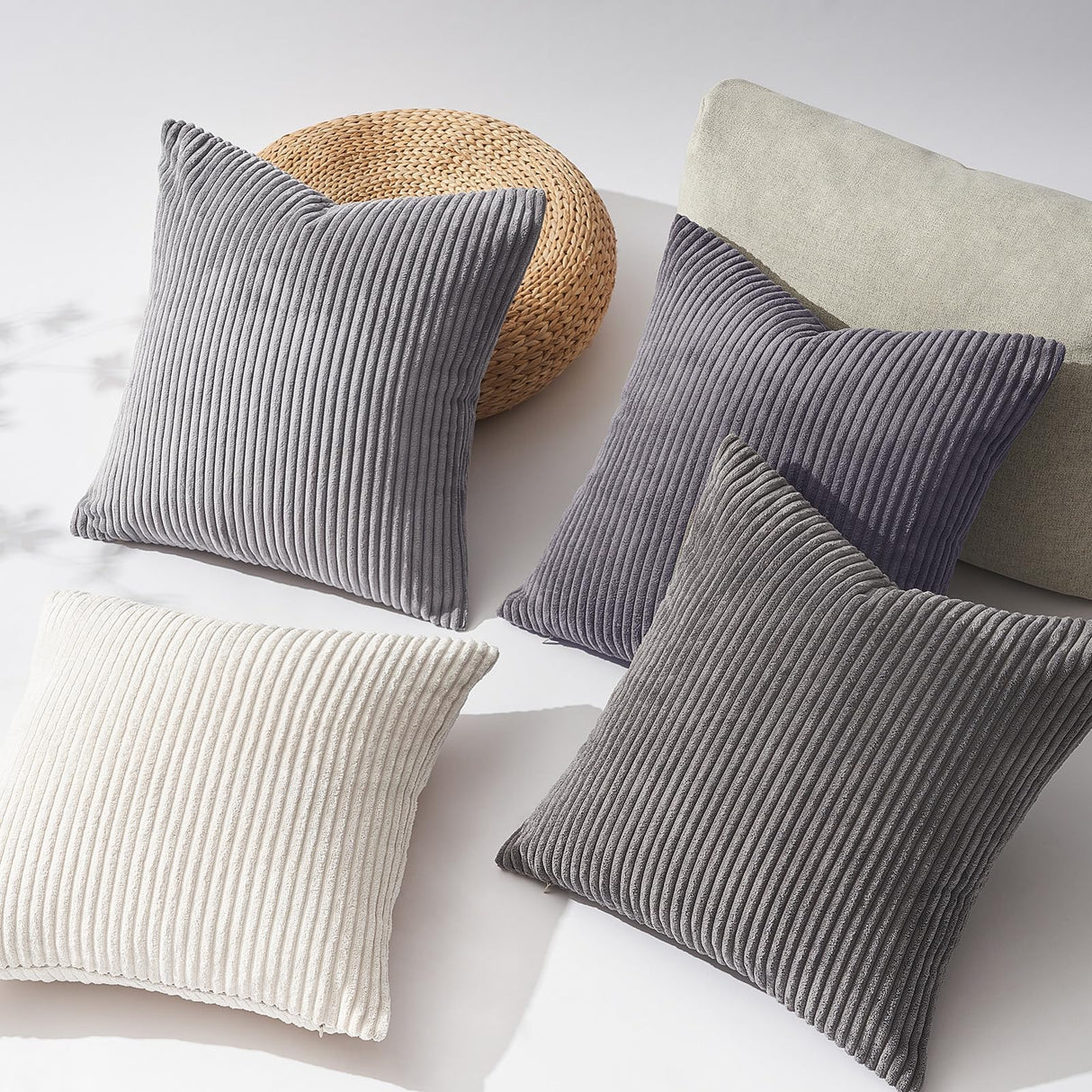 Topfinel Neutral Grey Decorative Throw Pillow Covers 18x18 Inch Set of 4,Modern Farmhouse Striped Corduroy Cushion Cases,Square Euro Shams for Sofa,Bedroom,Floor,Car(45cm Dark Gray) Topfinel