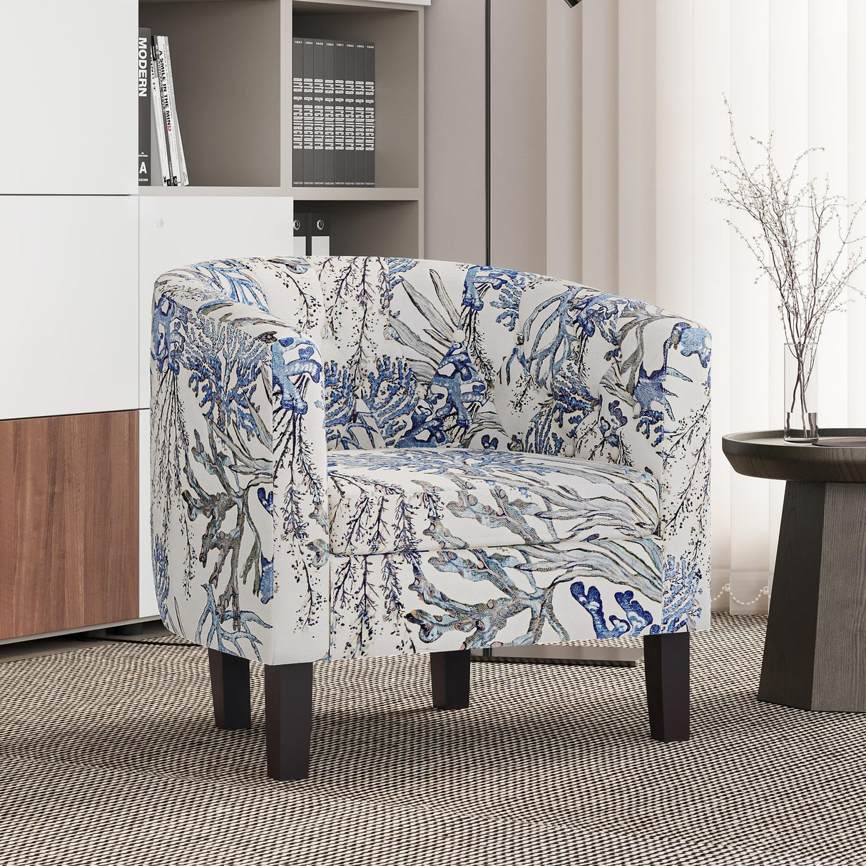 BELLEZE Accent Chairs for Living Room, Elegant Arm Chair Upholstered Tufted Barrel Chair Club Chair for Bedroom with Sturdy Legs and Linen Fabric - Berlinda (Blue Coral) BELLEZE