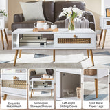 Wooden Mid Century Modern Coffee Table, Retangle Coffee Table with Sliding Door for Living Room, White KACVON