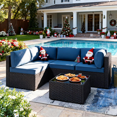 5 Piece Patio Furniture Sets, Low Back All-Weather Rattan Sectional Sofa with Tea Table&Washable Couch Cushions, Patio Furniture Sets, Black Rattan