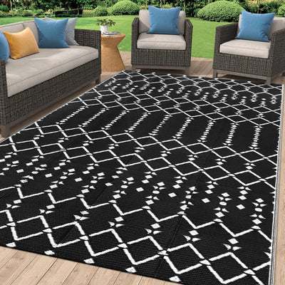 Smiry Outdoor Rug 5x8 ft, Waterproof Reversible Plastic Straw Rugs, Boho Outdoor Area Rug, Outside Floor Mat for Patio, Backyard, Deck, Picnic, Beach, Camping, Black