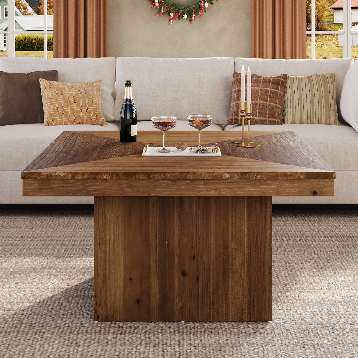 TRIBEWOOD Wood Coffee Table for Living Room, 35.43" Mid Century Modern Square Center Cocktail Table, Farmhouse Accent Tea Cocktail Furniture for Small Space, Office, Rustic Brown TRIBEWOOD