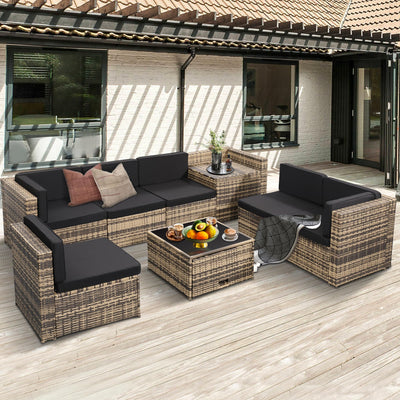 KROFEM 8 Pieces Outdoor Wicker Rattan Patio Furniture Sectional Set, Glass Top Table with Hidden Storage, 7 Sofa Sections, Oversized Cushions, Natural Color Rattan with Black Cushion