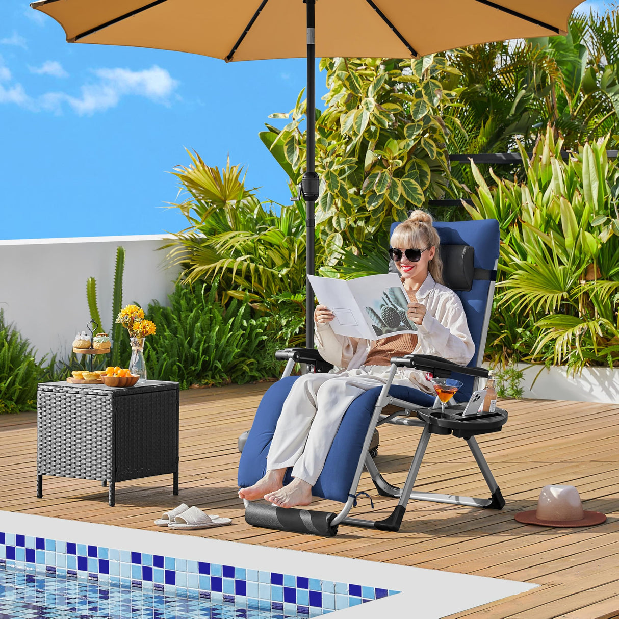 Yaheetech Zero Gravity Chair, Folding Reclining Lounge Recliner with Removable Pad & Headrest & Side Cup Holder Tray for Indoor and Outdoor Navy Blue/2 Yaheetech