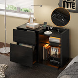 LIKIMIO Black Night Stand with Shelves, Charging Station & LED, 2 Drawer Wooden Bedside Table Record Player Stand for Bedroom, Entryway, Large LIKIMIO