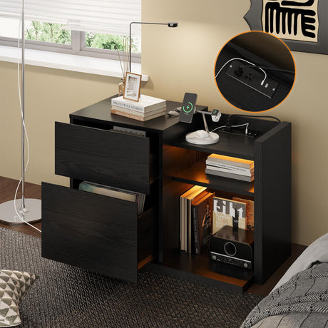 LIKIMIO Black Night Stand with Shelves, Charging Station & LED, 2 Drawer Wooden Bedside Table Record Player Stand for Bedroom, Entryway, Large LIKIMIO