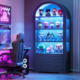 PAKASEPT 73'' Tall Arched Display Cabinet with Glass Doors,4-Tier Curio Cabinet with LED Lights for Collectibles Bookcase,Farmhouse Bookshelf China Storage Kitchen Pantry for Living Room,Black PAKASEPT