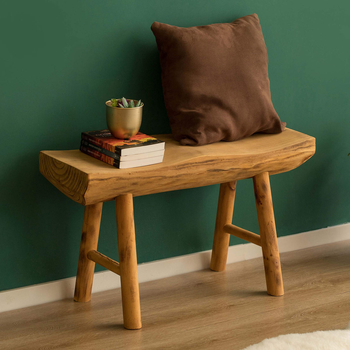 Vintiquewise Rustic Carved Wood Natural Edge Entryway Log Accent Bench Vintiquewise
