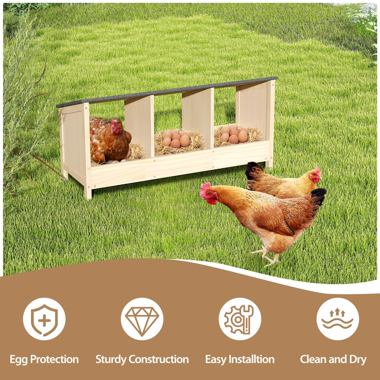 COZIWOW 3 Compartment Chicken Nesting Boxes, Chicken Laying Boxes with Asphalt Roof, Chicken Coop Accessories,Wood Nesting Boxes for Hen,Duck,Poultry,Bird,Dove COZIWOW