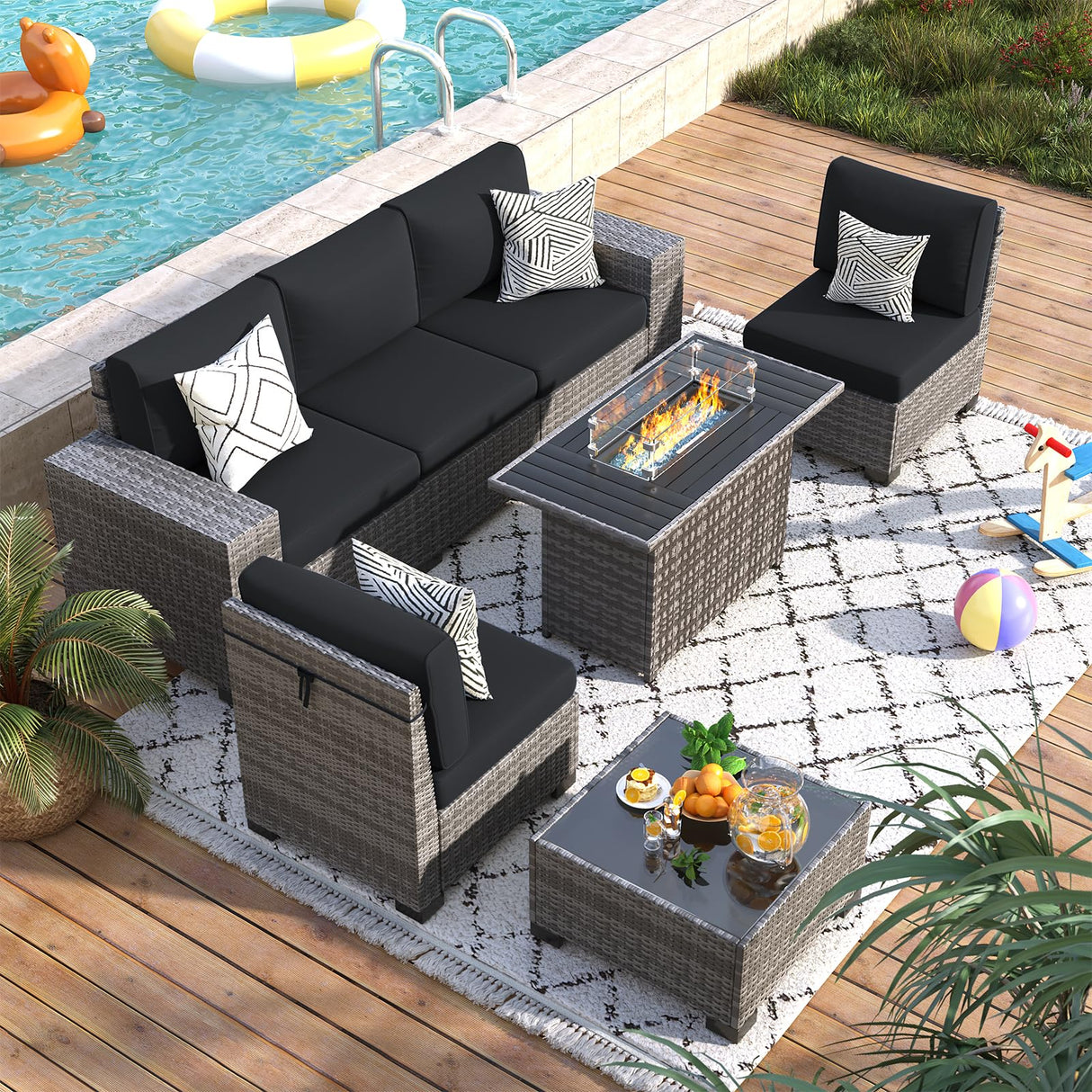 VONZOY 7 Piece Patio Furniture Set with Fire Pit Table, Outdoor Sectional Conversation Sets Wicker Rattan Sectional Sofa with Coffee Table for Patio Garden Backyard, 4'' Thickened Cushion Black VONZOY