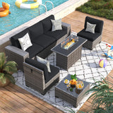 VONZOY 7 Piece Patio Furniture Set with Fire Pit Table, Outdoor Sectional Conversation Sets Wicker Rattan Sectional Sofa with Coffee Table for Patio Garden Backyard, 4'' Thickened Cushion Black VONZOY