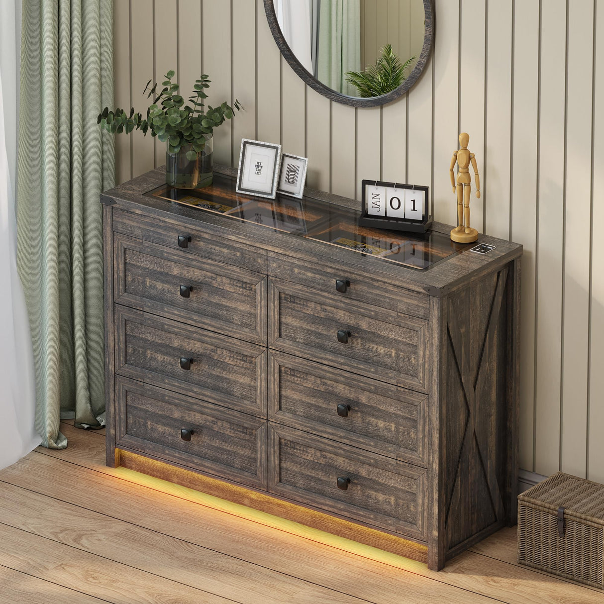 FREDEES Farmhouse Dresser for Bedroom with 8 Drawers, Wood Tall Chest of Drawers with LED Light/Charging Station/Human Sensor, Dressers Organizer for Closet, Living Room, Hallway, Rustic Brown FREDEES