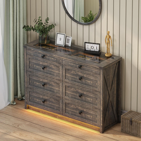 FREDEES Farmhouse Dresser for Bedroom with 8 Drawers, Wood Tall Chest of Drawers with LED Light/Charging Station/Human Sensor, Dressers Organizer for Closet, Living Room, Hallway, Rustic Brown FREDEES