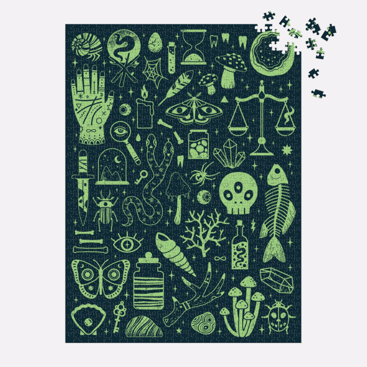 Galison Occult and Curious – 1000 Piece Glow in The Dark Jigsaw Puzzle Featuring an Eerie Collection of Creepy and Spooky Objects Galison