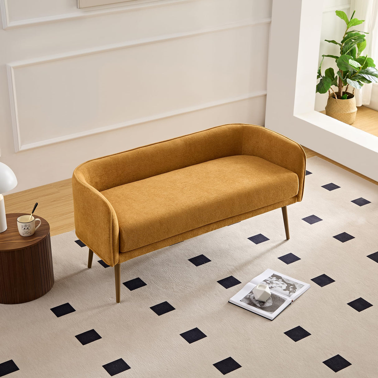 Forshare Bedroom Bench with Low Back,Inside Metal Frame, Extra Seat for Living Room,Entryway or Dinning Bench (Yellow) … Forshare