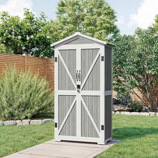 BELLEZE Outdoor Storage Cabinet with 4 Removeable Shelves, Wooden Garden Tall Storage Shed Lockable Tool Storage Cabinet with Waterproof Roof, Outside Tool Shed for Patio Lawn Yard Backyard - Gray