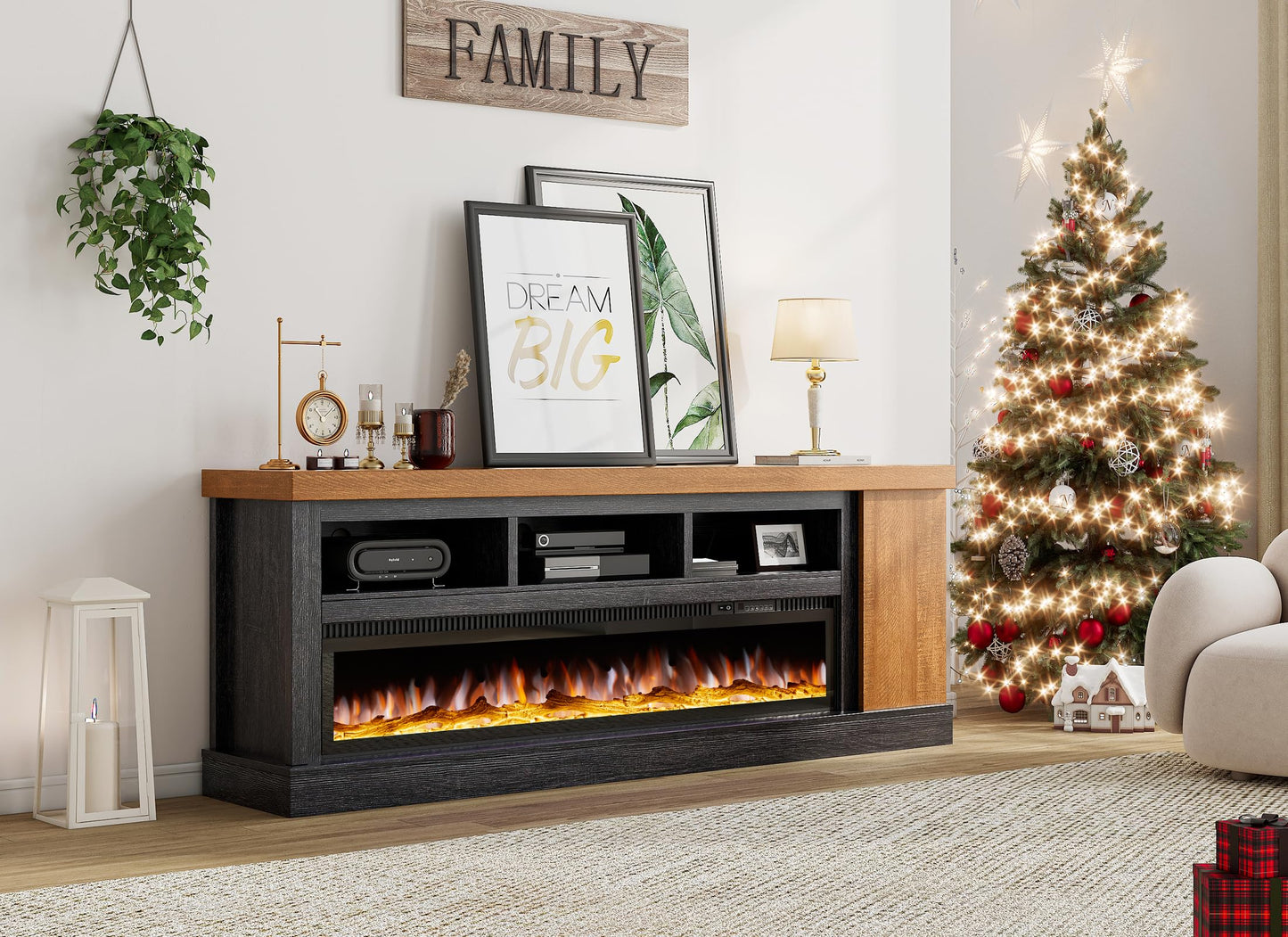 75" Fireplace TV Stand with 60" Glass Electric Fireplace, Color Contrast Rustic Media Entertainment Center with Storage for TVs Up to 85" for Living Room, Black & Brown