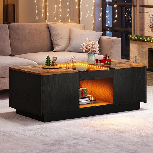 YITAHOME LED Coffee Table for Living Room, Modern Coffee Table with Storage with LED Lights, 2 Tiers and 2 Drawers, Large Living Room Center Tables with USB Ports and Type-C,Black and Brown