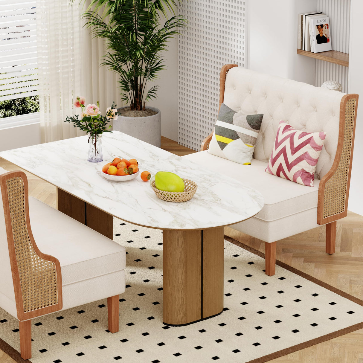 Andeworld Loveseat Settee Bench with Natural Rattan Arms,Upholstered Modern High-Back Mini Sofa Couch,Banquette Dining Bench Love Seat for Living Dining Room Bedroom Office Small Space Entryway,Beige Andeworld