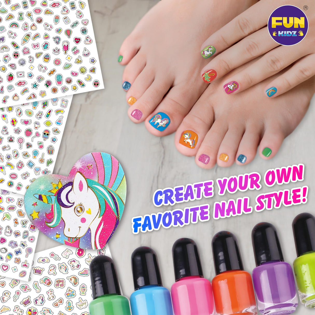 Toy Unicorn Nail Art for Girl 7-12, FunKidz Size 17.91Wx12.4L Ultimate Glamour Peelable Nail Polish Kit for Kids Fingernail Set Party Gifts FUN KIDZ