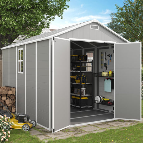 VONZOY Outdoor Storage Shed, 8x10 FT Resin Shed with Floor and Lockable Door, Window & Vents, Tool Sheds & Outdoor Storage for Bike, Garden Accessories, Tools, Waterproof (Grey & White) VONZOY