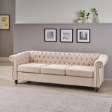 roomfitters Elegant Chesterfield Sofa with Fabric Upholstery and Turned Legs, Luxurious Sofa for Living Room and Bedroom, Beige Fabric roomfitters