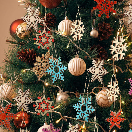 Hestya 50 Pieces Wooden Snowflake Crafts Ornaments Unfinished DIY Wood Snowflake Cutouts Christmas Tree Hanging Crafts Ornaments with Strings for DIY Christmas Decorations(10 cm,Natural Color) HESTYA