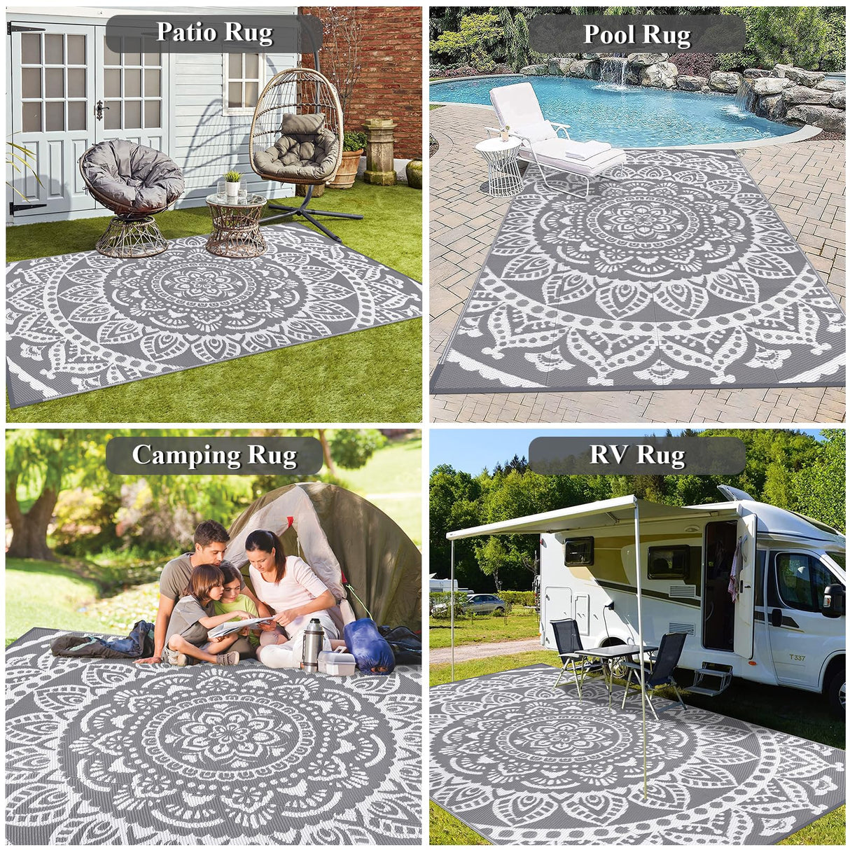 Bsmathom Waterproof Outdoor Rug 6'x9' Reversible Boho Plastic Straw Patio Deck Camping Rugs, Indoor Outdoor Portable RV Mat Clearance Carpet for Outside, Porch, Balcony, Backyard, Beach, Pool,Grey Bsmathom