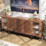 BVIUNTWO Farmhouse TV Stand for TVs up to 85 Inch, Entertainment Center TV Console with Storage Cabinets and Glass Doors,Media Console for Living Room, Brown BVIUNTWO