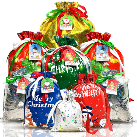 38PC Christmas Drawstring Gift Bags with Tags, Assorted Sizes for Xmas Party Favors & Holiday Present Wrapping, Small/Medium/Large Diamerd