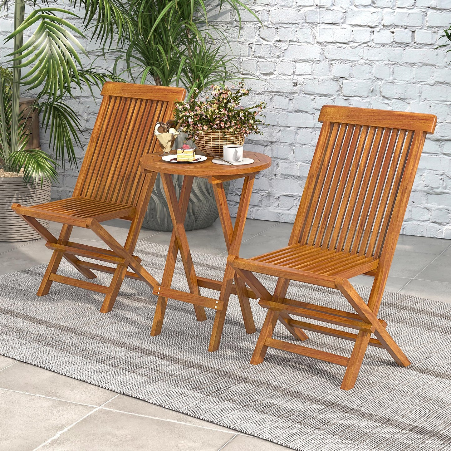 YITAHOME 3 Piece Teak Wood Patio Bistro Set with 2 Folding Chairs and Round Table, Folding Dining Table and Chairs with Metal Buckles for Backyard, Balcony, Pool, Porch, Deck - WoodArtSupply