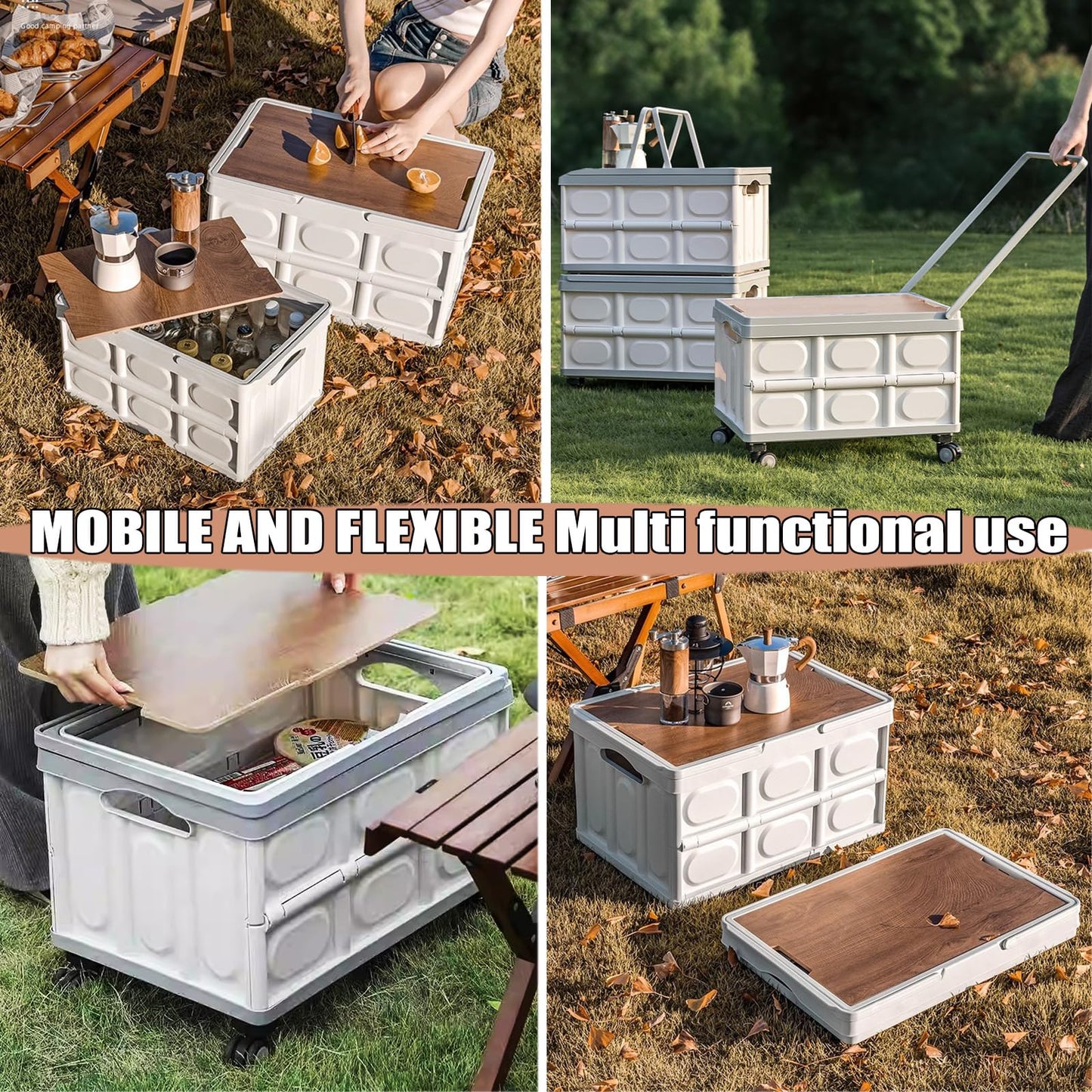 Foldable Utility Cart with Wooden Cover,Folding Portable Rolling Crate with 360° Swivel Wheels,Foldable Camping Basket Supplies,Portable Storage Crate Containers for Camping,Shopping,Office