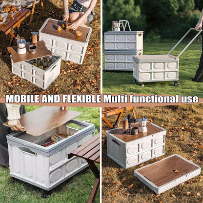 Foldable Utility Cart with Wooden Cover,Folding Portable Rolling Crate with 360° Swivel Wheels,Foldable Camping Basket Supplies,Portable Storage Crate Containers for Camping,Shopping,Office