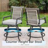 MFSTUDIO 3-Piece Outdoor Bar Set with 2 Swivel Wicker Rattan Cushion Chairs and 1 Metal Table, Perfect Patio Counter Height Table and Chairs MFSTUDIO
